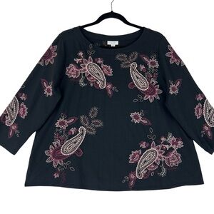 J Jill Embroidered Paisley Ponte Knit Top Petite PL LP Black
